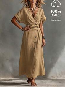 SHEIN Women Summer Holiday V-Neck Short Sleeve Wrap Midi Dress,Elegant Side Button Linen-Feel French  Tea Dress,Retro Cinched Waist Vacation Style Dress - Khaki - View 5
