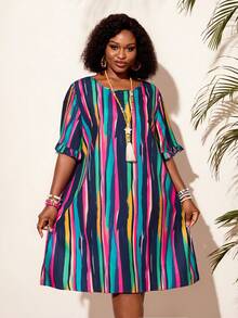 EMERY ROSE Plus Size Women's Round Neck Striped Colorblock Casual Everyday Dress - Multicolor - View 5