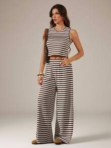 SHEIN Tall 2pcs/Set Women Striped Camisole And Pants, Casual Summer Outfit - Multicolor - View 4
