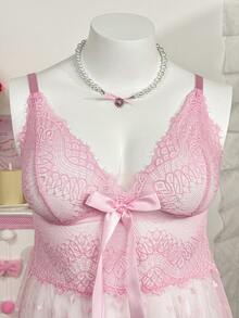 FairyFlirt Plus Size Lace Patchwork Nightgown 2pcs Set - Pink - View 6
