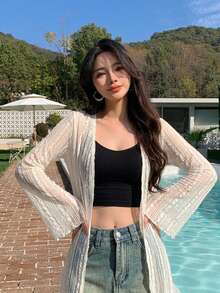 DAZY 女款度假長袖寬鬆和服式罩衫 夏季 - 白色 - 查看 4