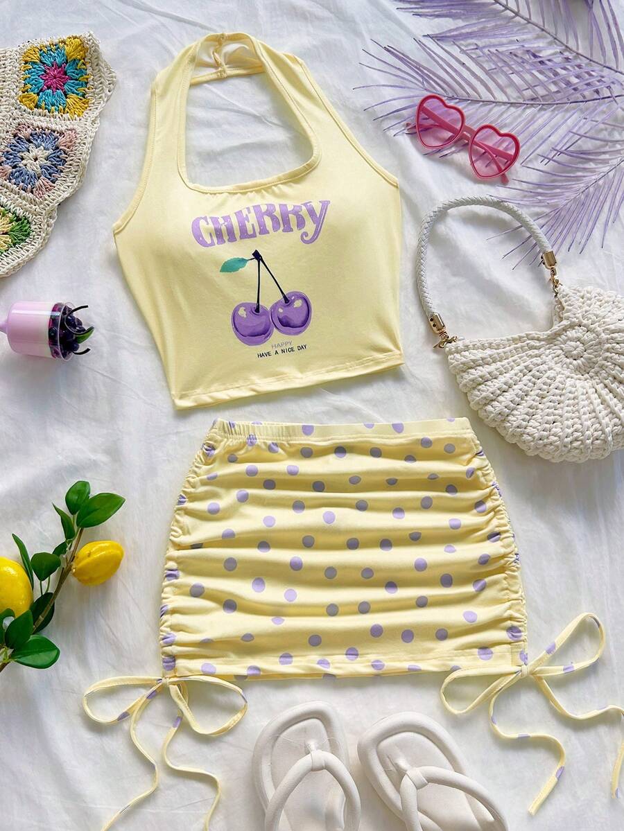 Soleia New Style Casual And Simple Cherry-Print Short-Sleeved Top Without Back, Drawstring Polka-Dot Low-Waist Skirt No Chest Padding - Yellow - View 1