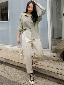 DAZY Drop Shoulder Button Front Shirt,Long Sleeve Tops,Fall Clothes - Mint Green - View 7