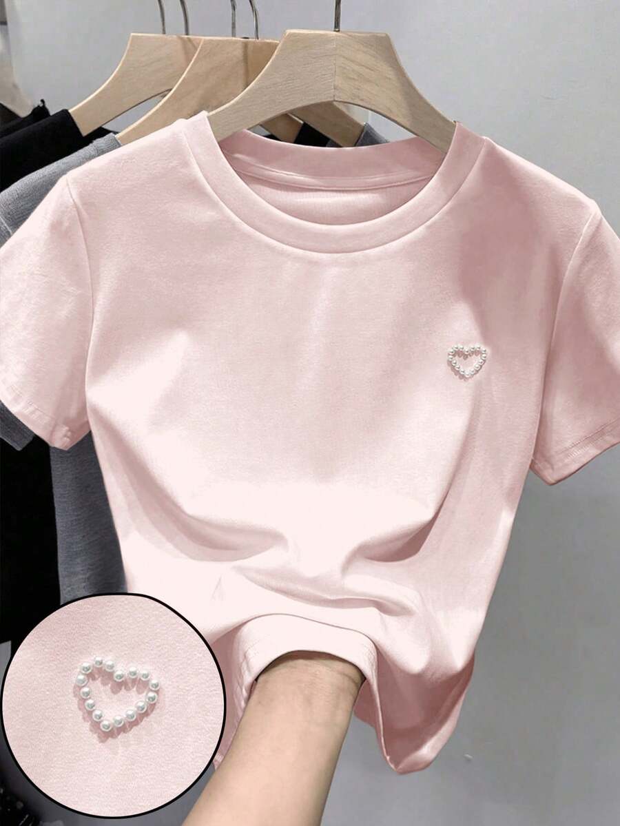 SHEIN 青少年女孩春/夏白色針織圓領寬鬆愛心圖案綴珠優雅百搭簡約舒適上衣T恤 - 粉色 - 查看 1