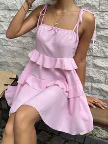 Sunnyshic 淺粉色多層荷葉邊棉質蝴蝶結肩帶蛋糕迷你洋裝 - 粉色 - 查看 5