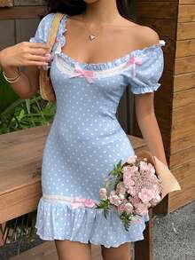 Sunnyshic 女款夏季休閒波點印花蝴蝶結裝飾洋裝 - 藍色 - 查看 6