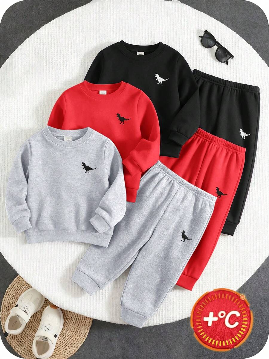 SHEIN 男嬰秋冬服飾套裝,衛衣,3件/套,保暖內裡加厚 - 彩色 - 查看 1