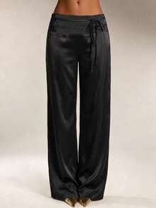 Avenya Celana Panjang Satin Bertekstur Pinggang Rendah Hingga Lantai dengan Ikatan Depan untuk Pesta Ulang Tahun, Warna Hitam, Musim Gugur - Hitam - View 2