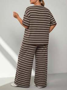 SHEIN CURVE+ Plus Size Brown Striped T-Shirt And Pants Casual 2 Pieces Set, Summer - Multicolor - View 3