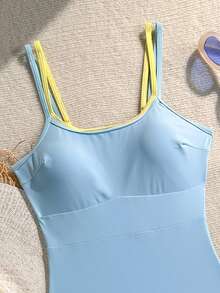 Costavie 女款拼色連體泳衣，適合海灘度假、泳池派對、海灘派對 - 淺藍色 - 查看 4