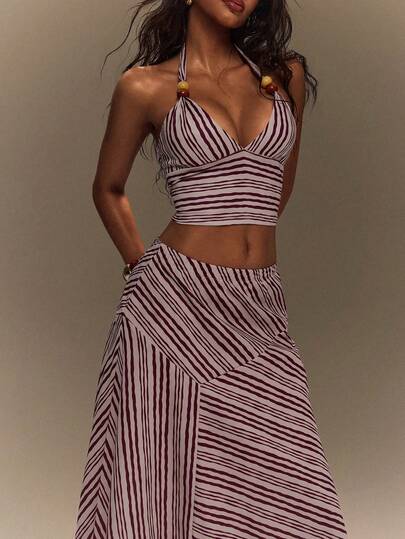 TypaGal Summer Boho Jamican Festival Y2K Holiday Ibiza Vacation Carnival Party Beach Burgundy White Striped Print Beads Women Two-Piece Outfits
