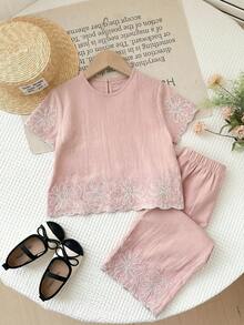 LMoss Kids 女童花卉刺繡短袖上衣與長褲休閒套裝 - 粉色 - 查看 7