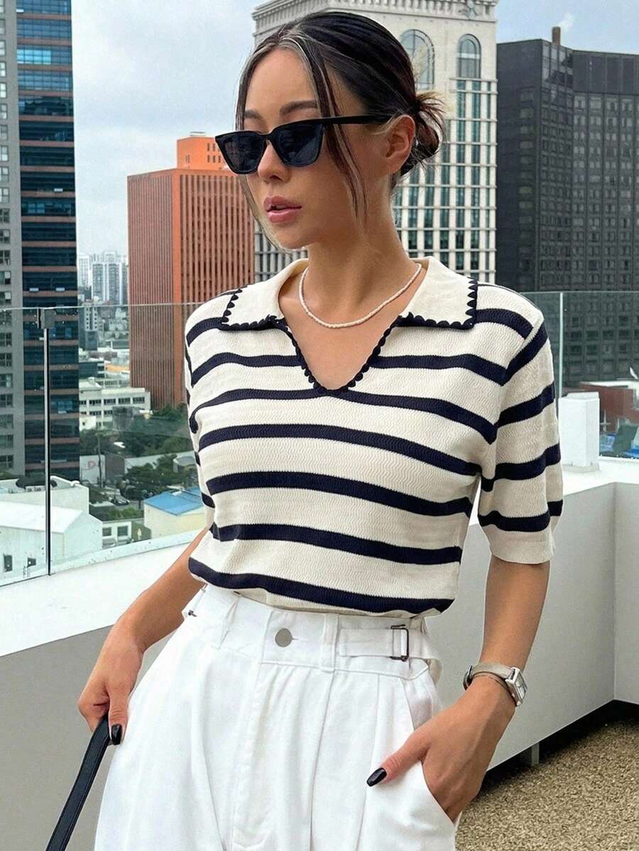 DAZY Striped Polo Collar Short Sleeve Casual Spring Summer Women's Knit Top - Black - View 1