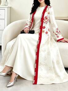 SHEIN Najma 花卉與紅色蕾絲印花女款優雅阿拉伯長袍，春秋時尚長袖前開襟長外套，阿拉伯風情服飾 - 彩色 - 查看 4