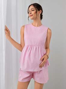 Momance-D Women's Pink Plaid Tank Top + Adjustable Waist Shorts Maternity 2 Pieces Set, Summer Postpartum - Pink - View 4