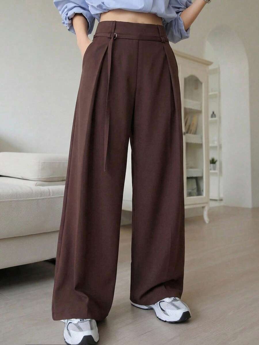 DAZY Women's Solid Color Pleated Wide Leg Loose Casual Regular Suit Trousers - Mocha Brown - View 1