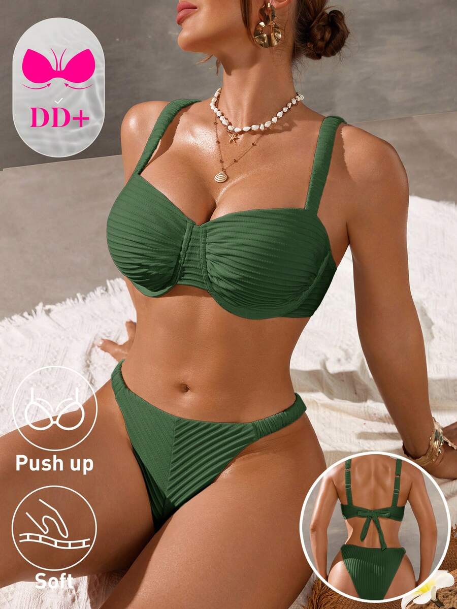 Swim DD+ 女款純色紋理比基尼套裝,含胸罩與三角泳褲 - 軍綠色 - 查看 1