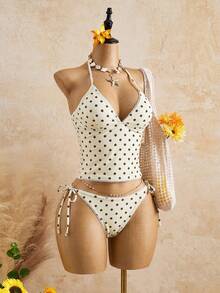 Swim Mod Summer Sweet Cherry Plaid Tank Bikini Set - Light Yellow - View 12