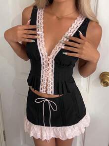 SHEIN EZwear 夏季女款 2 件組蕾絲拼接 V 領無袖上衣與裙子套裝，黑色與粉色，適合夜生活與日常穿搭，可愛風格 - 彩色 - 查看 4