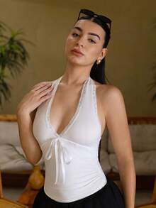 Andrea Bello Women's Y2K Sexy Contrast Lace Halter Backless Camisole Summer White - White - View 5
