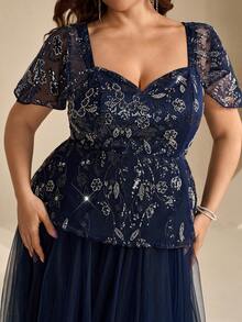 Coutiva Plus Size Sequin Patchwork Hemline Tulle Formal Evening Gown (Heavy Embellishment) - Navy Blue - View 3