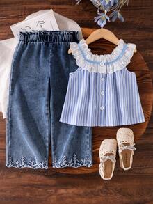 SHEIN Elladie kids 2件組少女休閒時尚圓領無袖寬鬆刺繡蕾絲布料背心上衣 + 牛仔喇叭褲腳刺繡百搭套裝，適合度假旅行日常穿著，夏季柔軟舒適面料，2026春夏新款 - 藍色 - 查看 8
