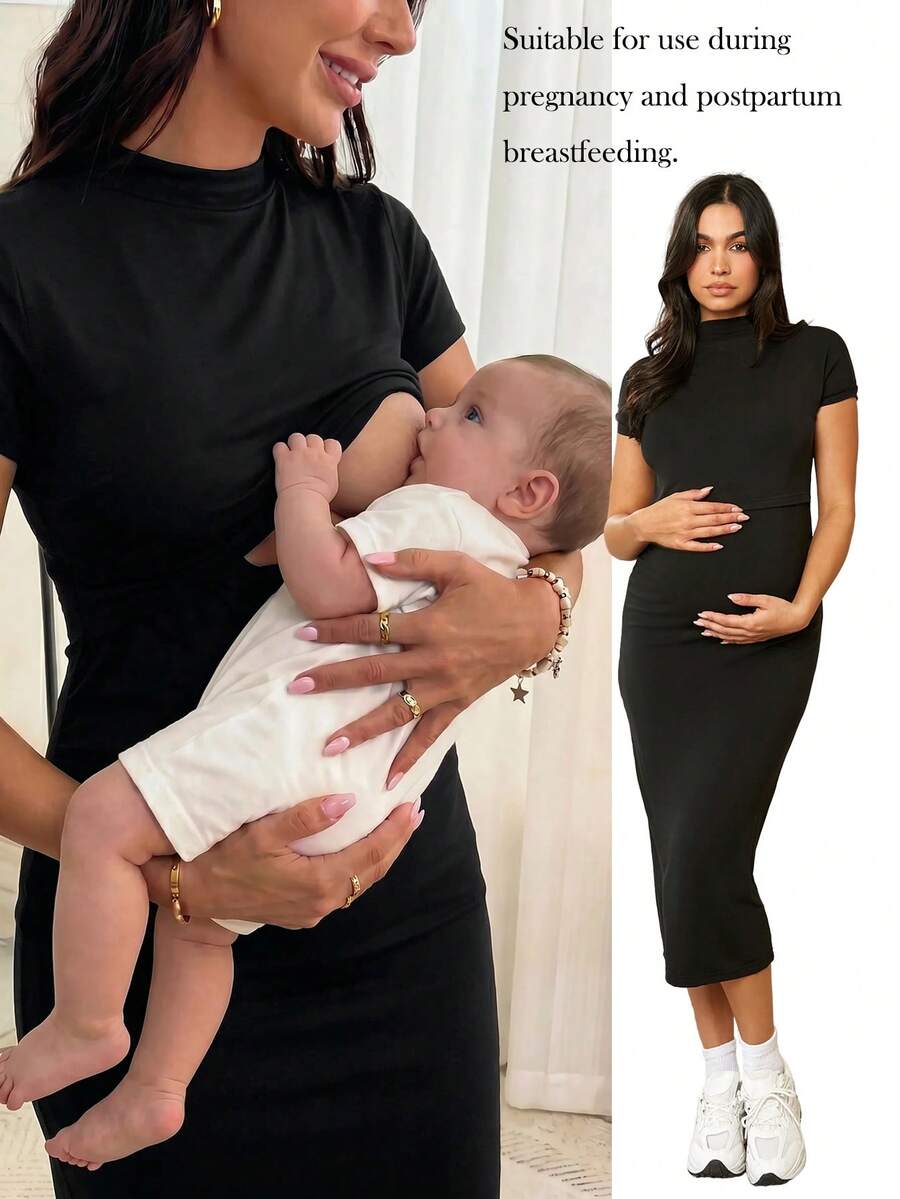 SHEIN Vestido De Lactancia Ceñido Al Cuerpo De Color Sólido Con Cuello Alto Para Maternidad - Negro - Ver 1