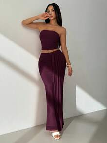 SHEIN PETITE 無肩帶網紗上衣與低腰裙套裝 - 紫紅色 - 查看 5