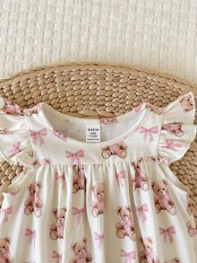SHEIN LMoss Kids Bộ romper bé gái sơ sinh dễ thương mùa hè phong cách thường ngày họa tiết hoạt hình tay cánh dơi - Màu be - Xem 5