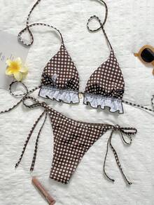 Swim Mod 女款夏季海灘純色荷葉邊掛脖綁帶兩件式比基尼泳衣套裝 - 彩色 - 查看 3