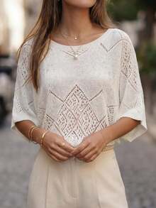 SHEIN LUNE CURVE 大尺碼女款純色提花蝙蝠袖套頭毛衣，適合度假、休閒傳統與辦公正式場合，白色秋季款 - 米色 - 查看 7