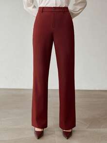 MOTF PREMIUM Pantalones de pierna recta color borgoña para mujer - Burdeos - Ver 2