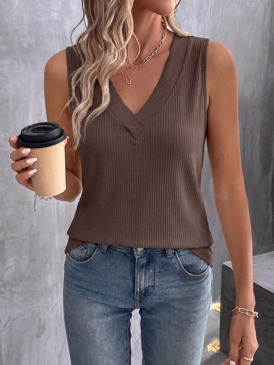 EMERY ROSE Solid Brown Ribbed V-Neck Sleeveless Knit Tank Top For Women - Coffee Brown - View 1