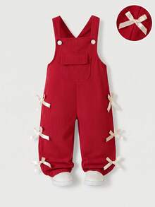 SHEIN Vintaside Kids 女童燈芯絨吊帶褲，四季新款，紅色前口袋設計，杏色蝴蝶結裝飾，寬鬆直筒版型，柔軟舒適，適合上學、通勤、日常出遊，四季女童吊帶褲 - 紅色 - 查看 4