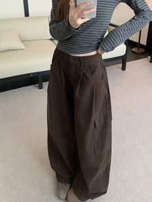 DAZY 女款休閒寬鬆寬腿工裝牛仔褲小碼 - 咖啡棕 - 查看 3