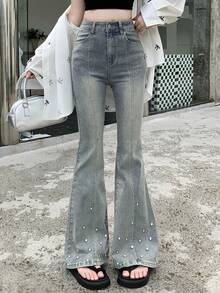DAZY Women's Rhinestone Embellished Korean Style Flared Petite Jeans Petite - Blue - View 10