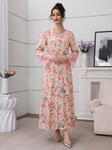 Yasmyna V-Neck Lace Cuff Print Dress With Headscarf - Multicolor - View 9