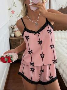 CottageSlumber Bow Print Bubble Crinkle Contrast Lace Trim Cami Top And Shorts Pajama Set - Multicolor - View 4