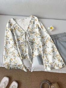 SHEIN LUNE 休閒女款印花前綁帶喇叭袖上衣，適合秋冬穿著 - 彩色 - 查看 1