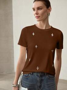 MOTF PREMIUM RHINESTONE DETAIL SHORT SLEEVE T-SHIRT - Mocha Brown - View 6