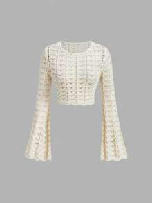 SHEIN MOD Elegant Boho Women's Crochet Knit Bell Sleeve Crop Top Casual Hollow Out Sweater, Autumn Beach Vacation, Shopping, Party Attire Beige - Apricot - View 2