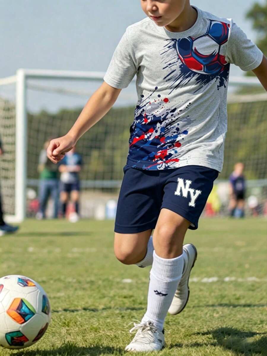 青少年男孩休閒簡約短袖圓領T恤與短褲套裝,適合夏季 - 彩色 - 查看 1