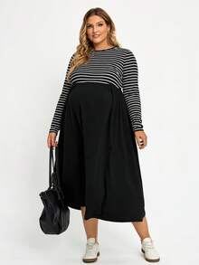 Plussiva فستان حمل كاجوال مقاس كبير – فستان مخطط بألوان أسود وأبيض بأكمام طويلة – فستان حمل مقاس كبير – أسلوب كاجوال خريفي - أبيض وأسود - مشاهدة 6