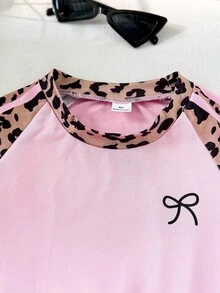Genkimix Kids 女童休閒輕運動豹紋印花插肩袖T恤，前胸可愛蝴蝶結設計，對比粉色針織針織面料，Y2K復古雙條紋豹紋短褲套裝，適合休閒活動、街頭風、運動 - 彩色 - 查看 4