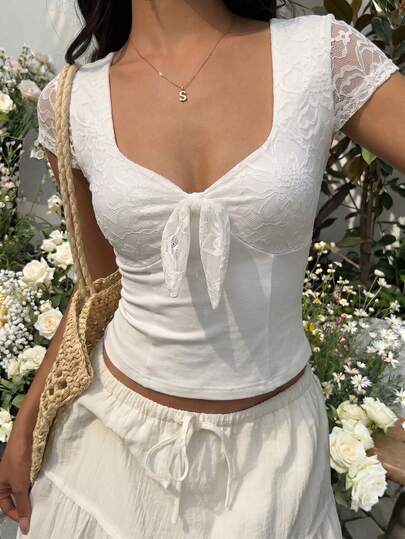 Cévolie Women's Casual Solid Color Lace Patchwork Tie-Front Top, Summer