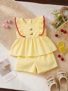 Souflis Souflis French Summer New Baby Girl Yellow Striped Cute Frill Trim Embroidered Cherry Design, Fashionable Contrast Color Trim Paired With Versatile Striped Shorts, Soft And Adorable, Suitable For School, Play, Shopping And Other Occasions - Yellow - View 3