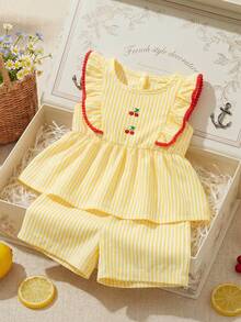 Souflis Souflis French Summer New Baby Girl Yellow Striped Cute Frill Trim Embroidered Cherry Design, Fashionable Contrast Color Trim Paired With Versatile Striped Shorts, Soft And Adorable, Suitable For School, Play, Shopping And Other Occasions - Yellow - View 8