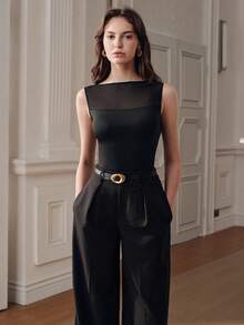 Anewsta Spring/Summer New Elastic Mesh Patchwork Knit Fabric Off-Shoulder Skin-Friendly Slimming Design Minimalist Versatile Elegant Women's Bodysuit - Black - View 4