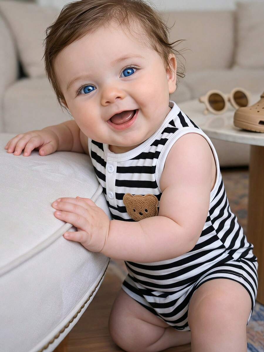 SHEIN Baby Boy Cute Bear Pattern Striped Sleeveless Romper Navy Blue Summer Casual Cute Family Matching Refreshing Versatile Shorts For All Occasions