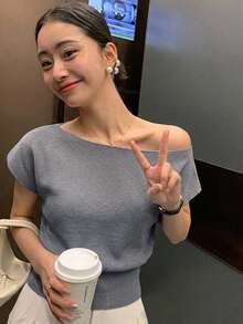 DAZY 女款純色船領短袖休閒針織上衣 夏季 - 灰色 - 查看 3